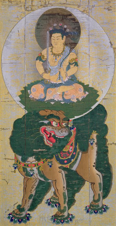 The Bodhisattva Manjushri riding on a lion breathing vapour, illustration after a kakemono of the eleventh century from the temple of Kozan-Ji at Yamashiro, published in The Kokka magazine, May 1904 by Kose no Hirotaka